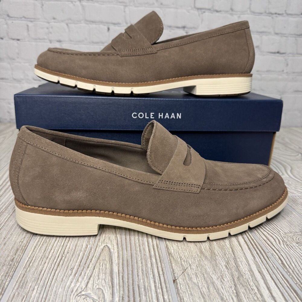 Cole Haan Flex Grand+ Penny Loafer Men’s 11.5 Suede Truffle Brown Ivory NEW